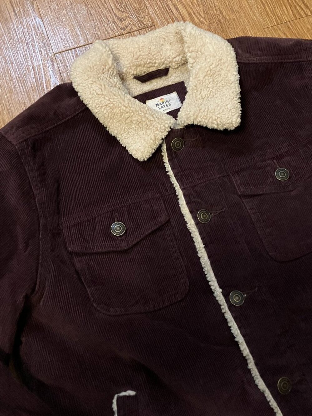 Marine Layer Boise Corduroy Sherpa Trucker Jacket Men's Medium Burgundy Brown - Picture 2 of 14
